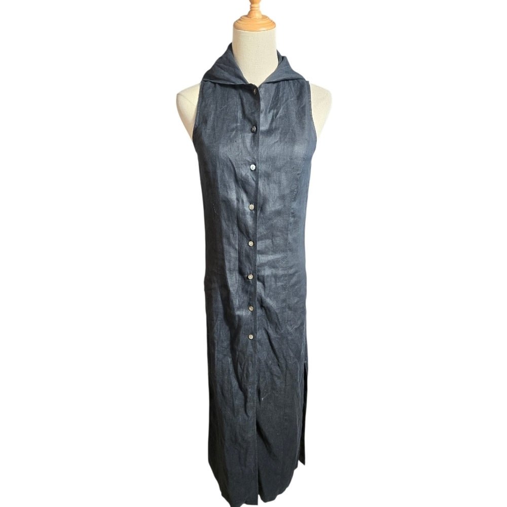 Valerie Stevens Black Linen Hooded Maxi Dress